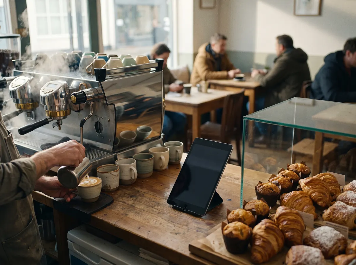 A cafe counter with an espresso machine and pastries