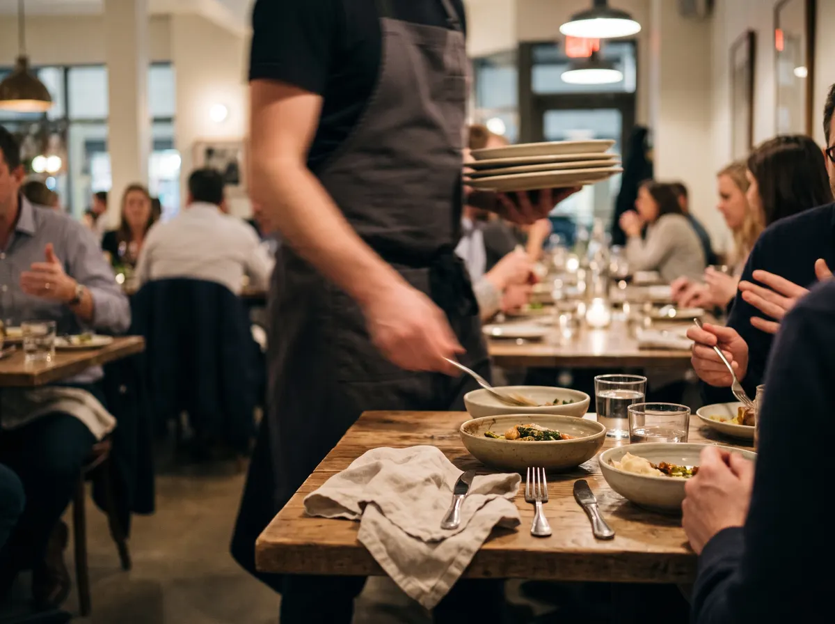 A busy restaurant dining room during dinner service