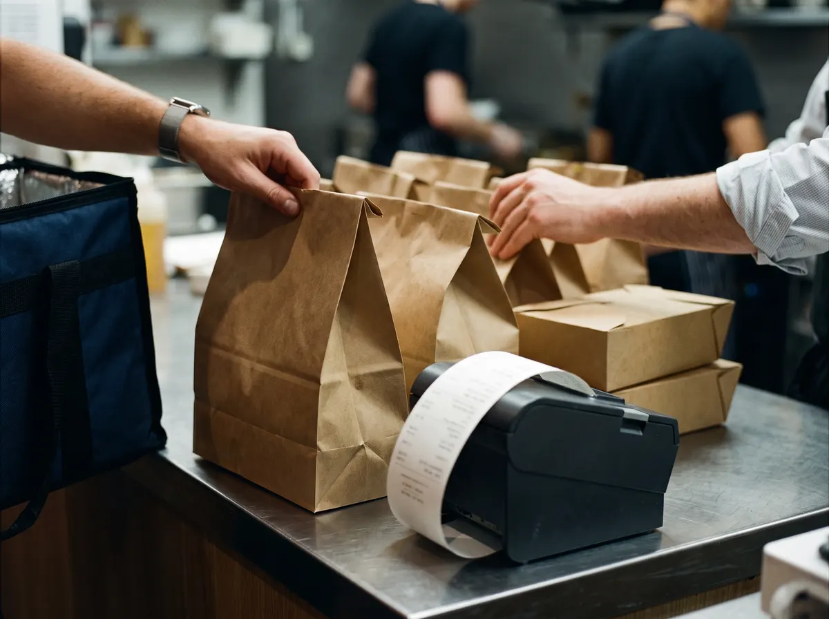 Takeaway bags lined up on a counter beside a receipt printer