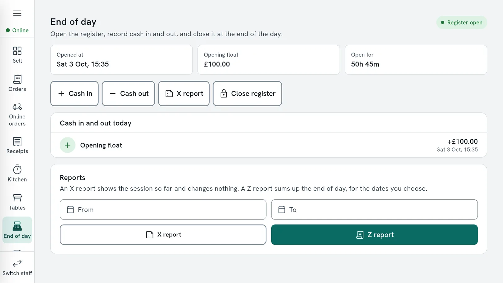 The end of day screen with the register, cash in and out and reports