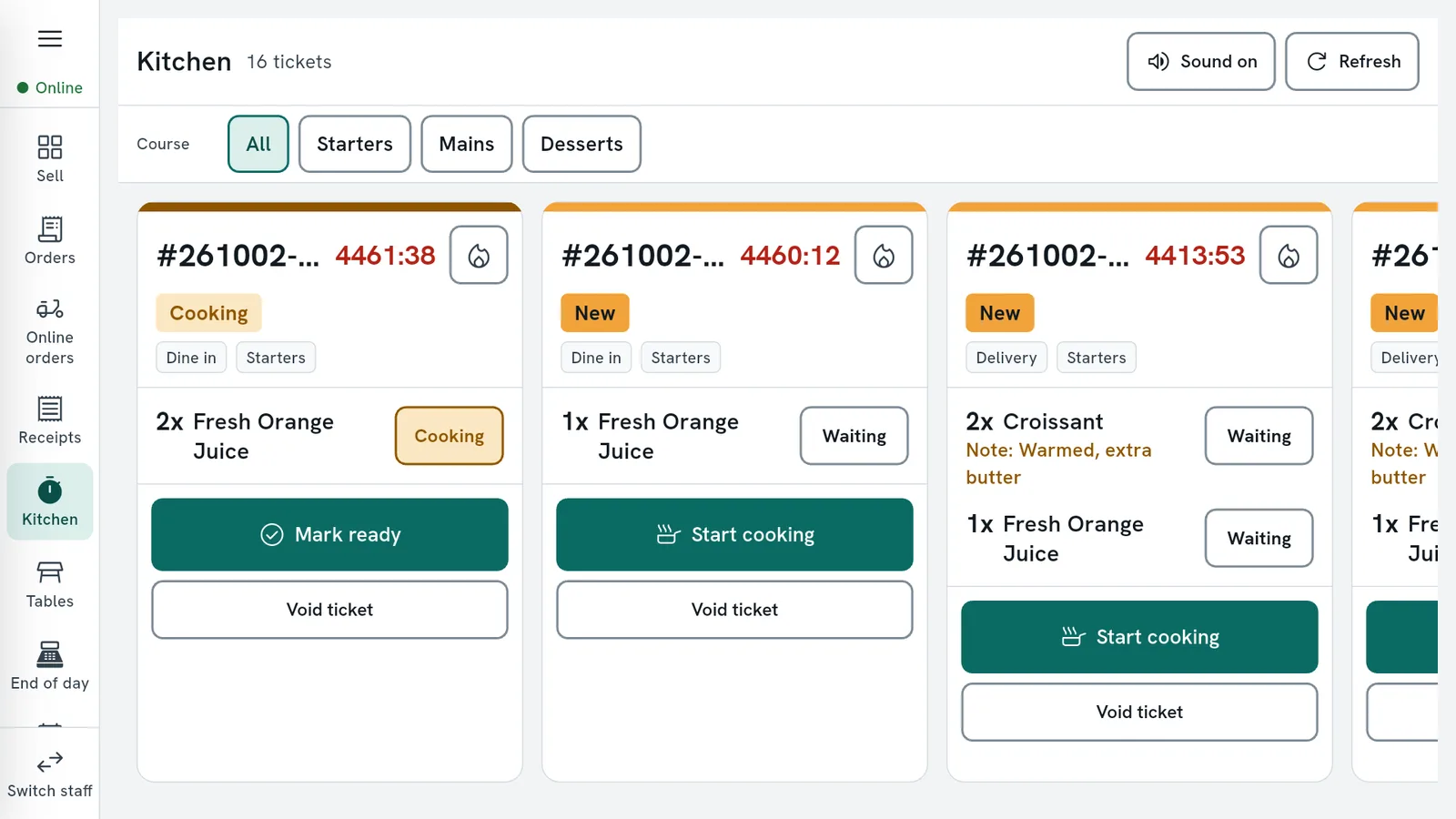 The kitchen screen with tickets, timers and Start cooking buttons