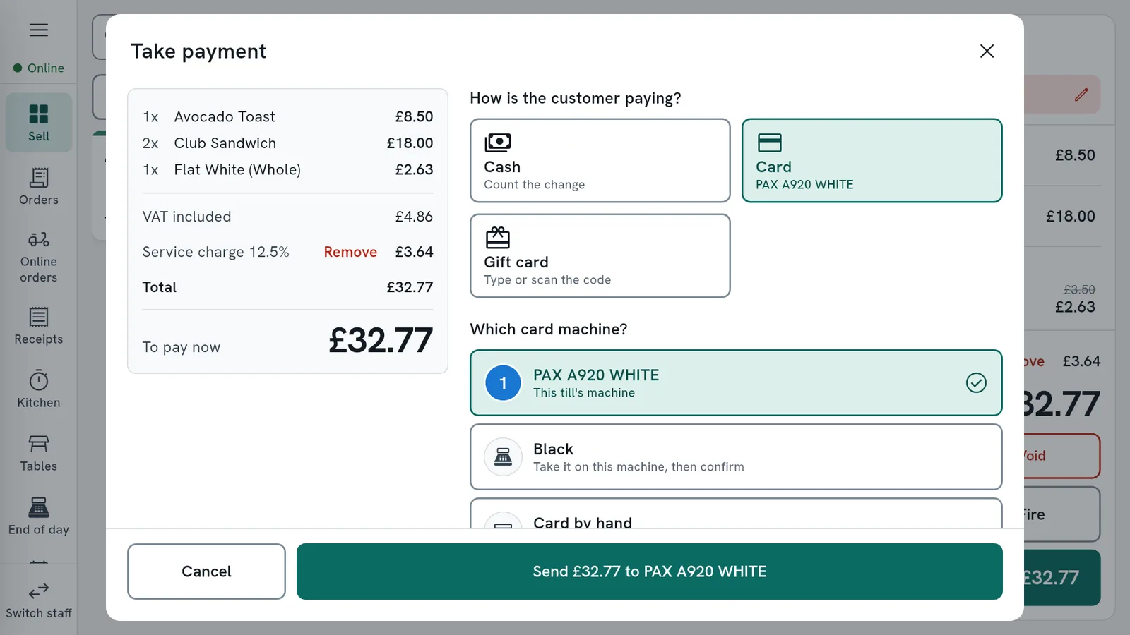 The payment screen with cash, card and gift card choices and tips