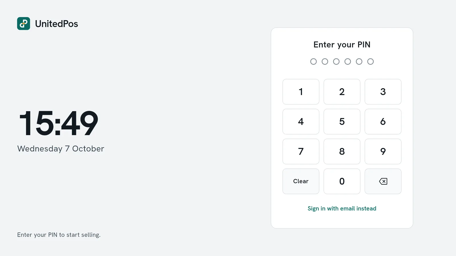 The till's sign-in screen with the PIN pad and the time